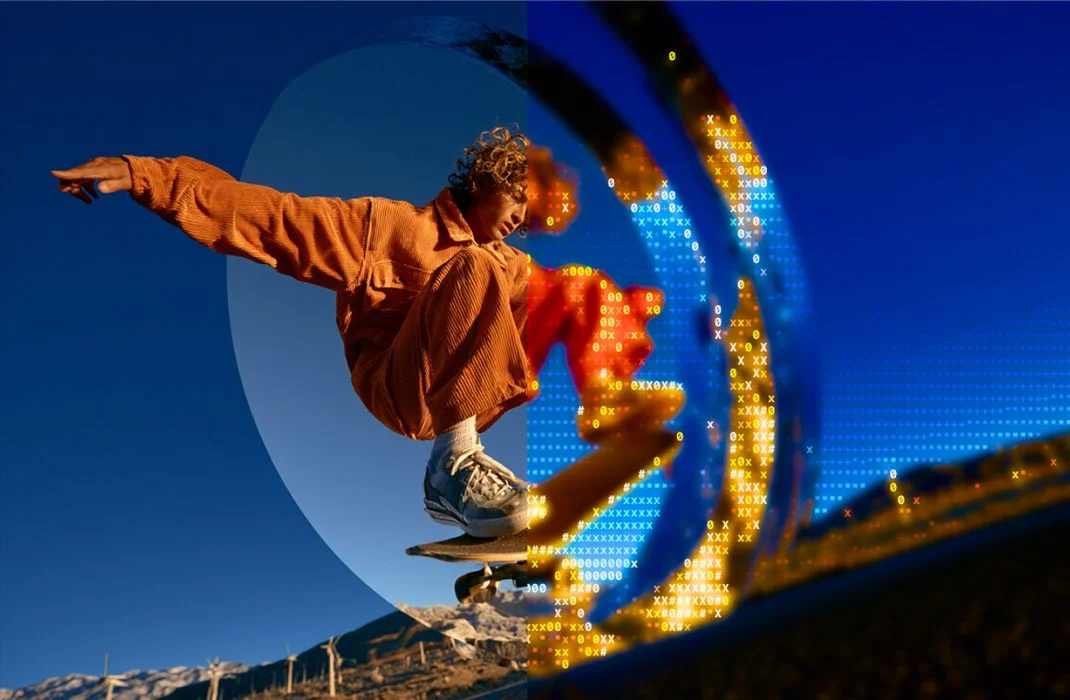 ASCII effect applied to a photo of a skateboarder, showing the image rebuilt from text characters