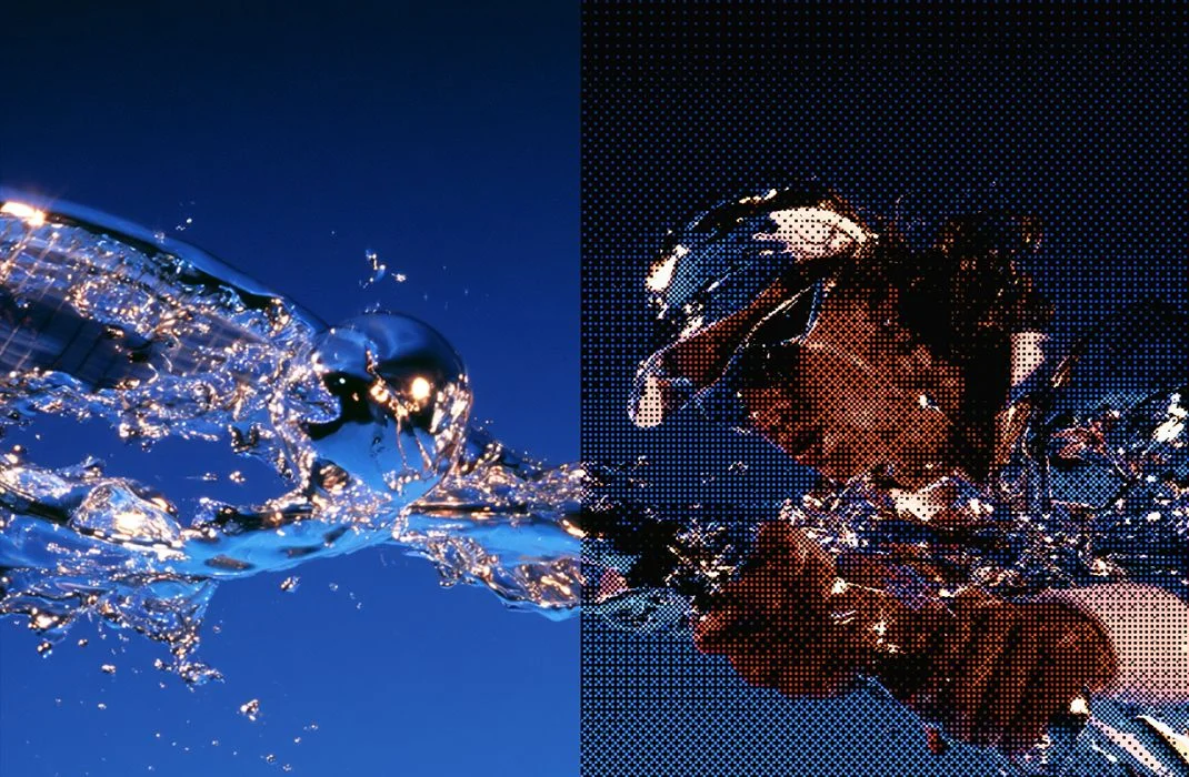 Dither effect applied to a photo of a splash of water, showing retro pixel-pattern tonal breakup