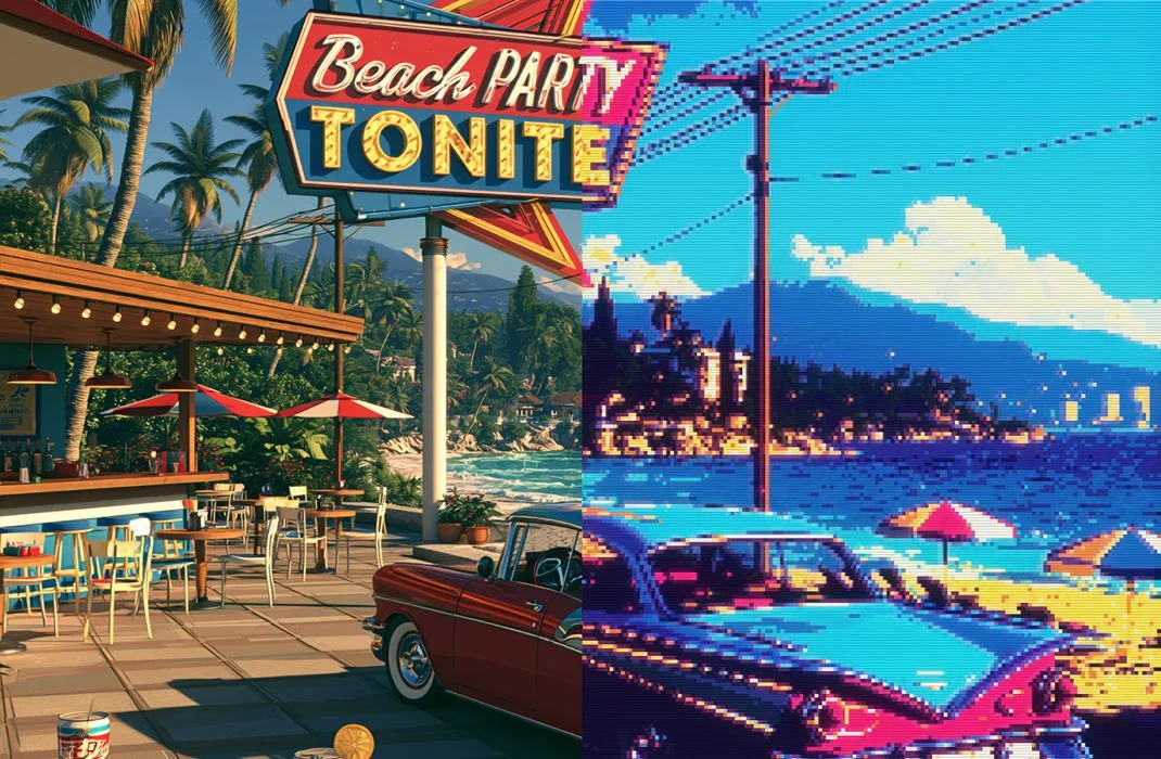 Retro Game effect applied to a beachfront photo, showing a synthwave-style poster look with a classic car and neon sign