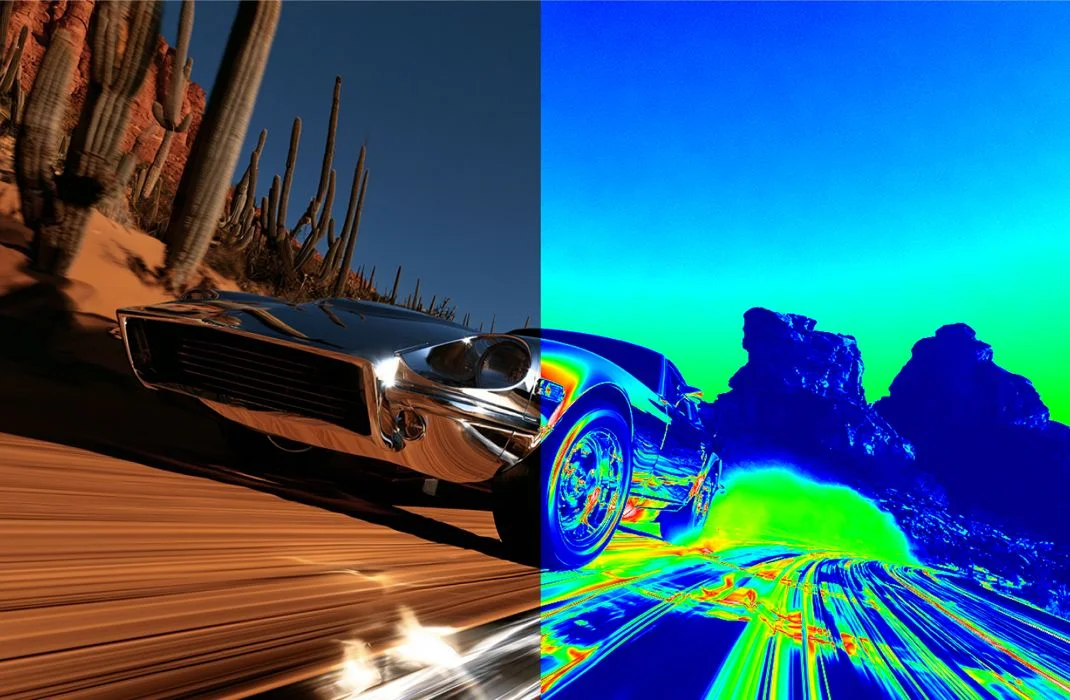 Thermal effect applied to a photo of a car on a desert road, showing a false-color heat-map look